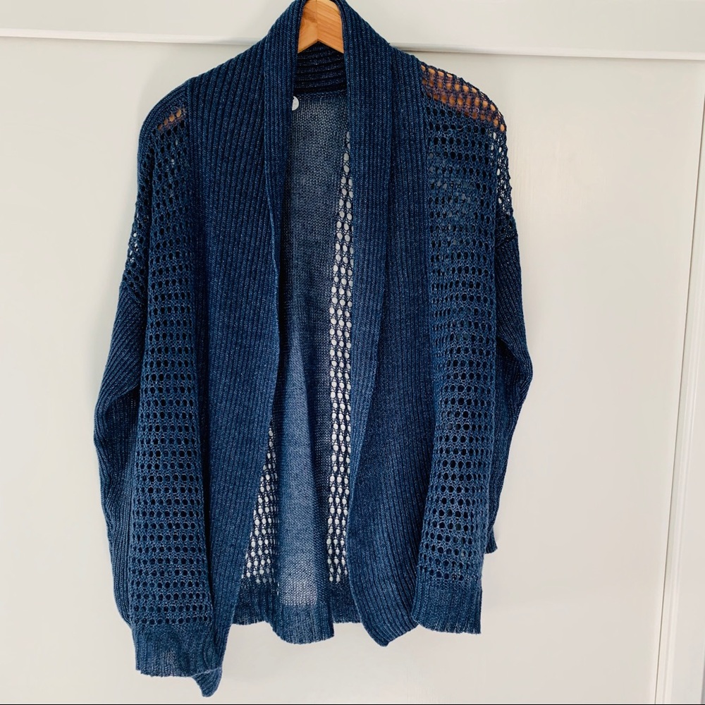 Margaret O’Leary Navy Blue 100% Linen Open Knit Pointelle Cardigan Sweater Small